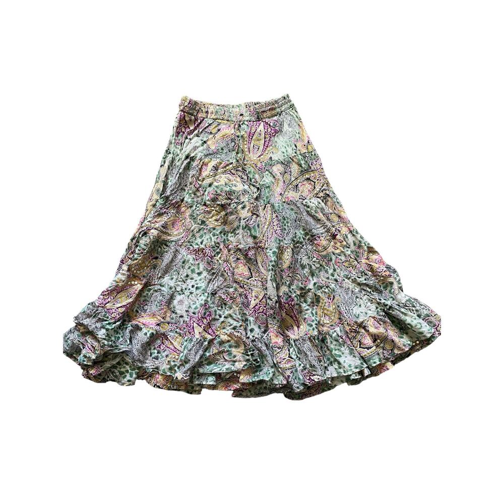 SIlver Stream Paisley Print Flowy Boho Hippie Sequin Cotton Pull On Maxi Skirt